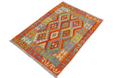 Flat Weave Kilim Antique Navaho Vintage handmade Geometric Kilim Rust Blue Hand-Woven Rectangle 100% Wool Area Rug 3x4